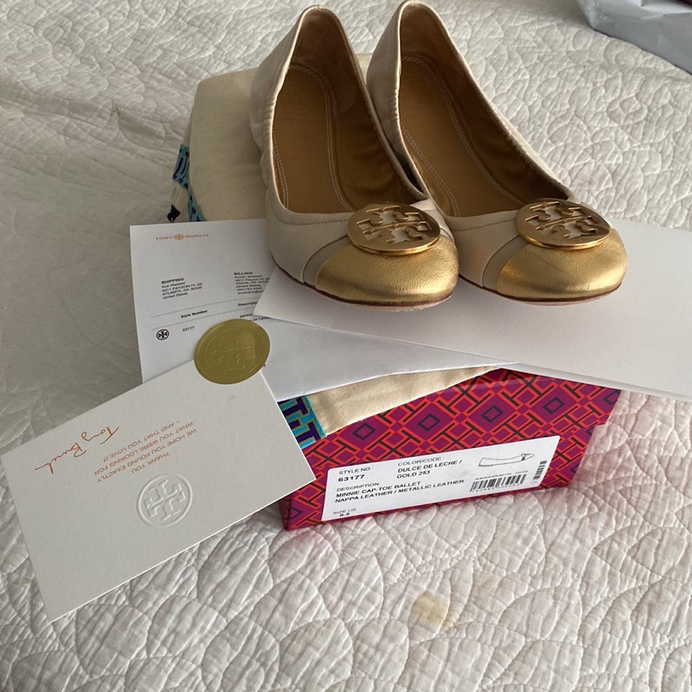 Tory Burch Minnie Cap Toe Gold Ballet Flat —Size 8.5